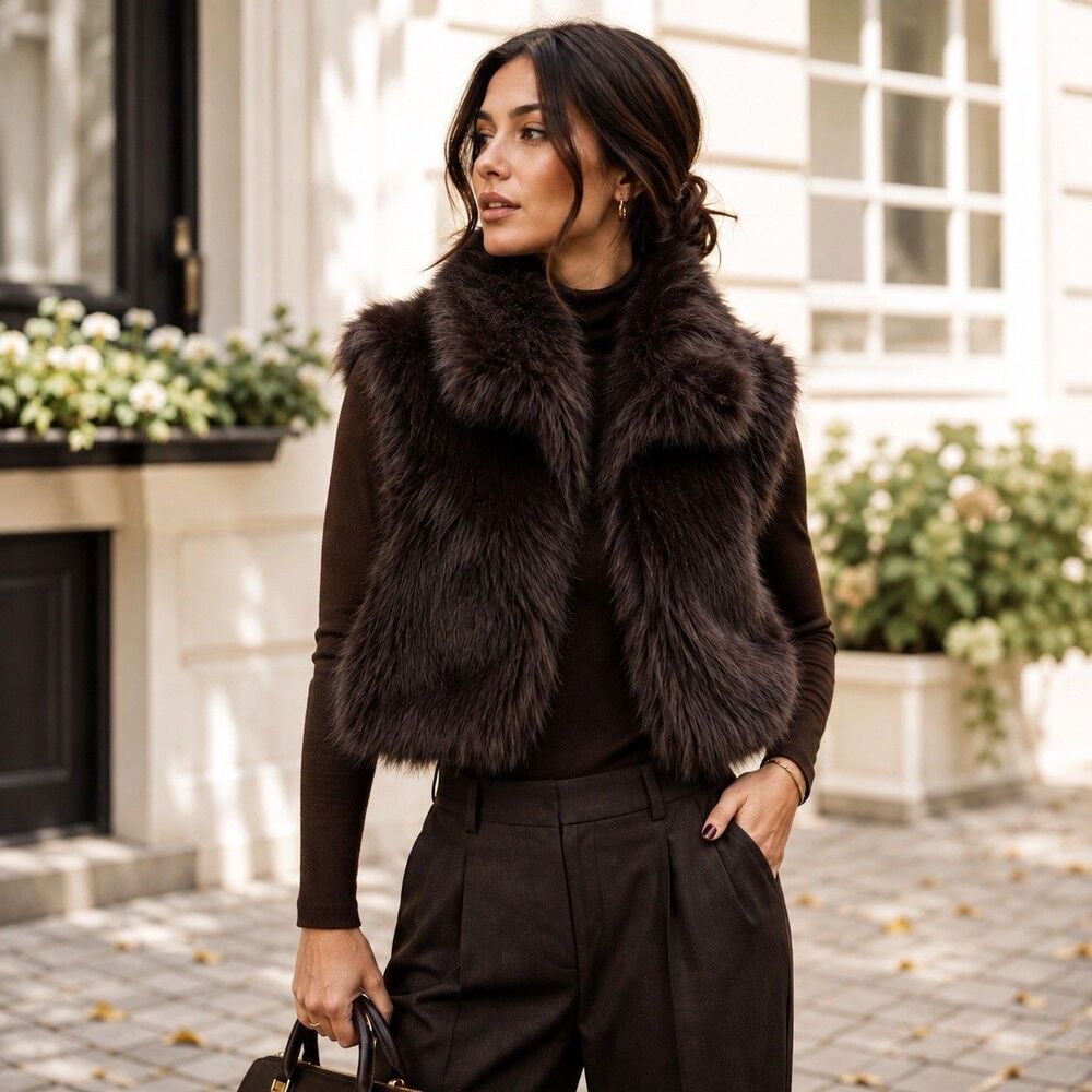Jason Wu Faux Fur Vest S Brown Cropped Funnel Neck Soft Fall Luxury Preppy NWT